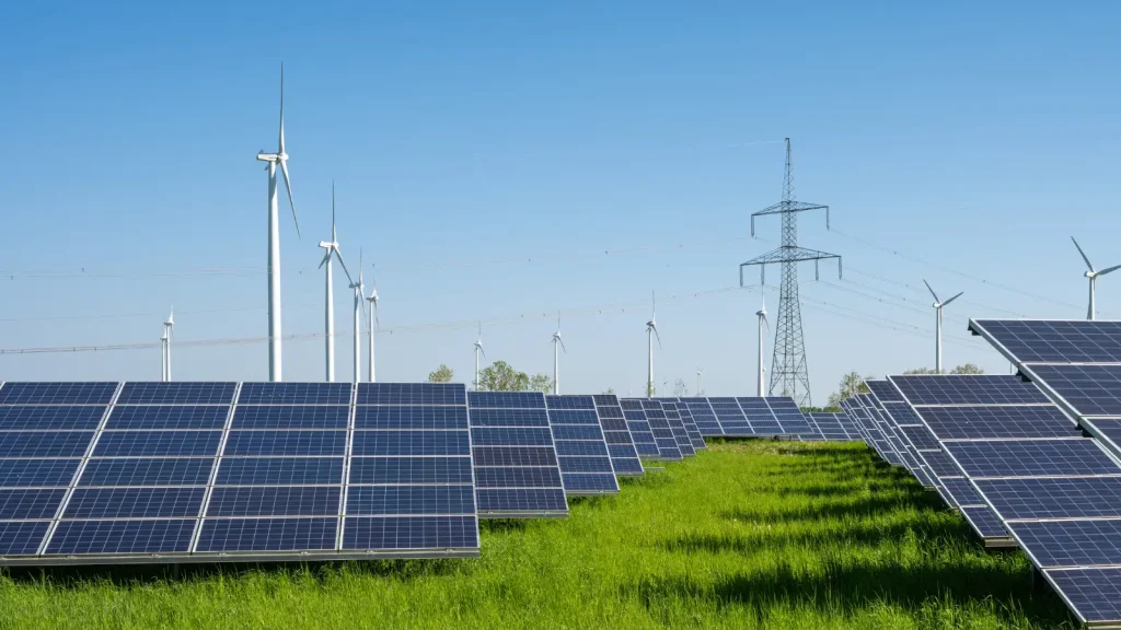 Ein PV-Feld und im Hintergrund Windenergieanlagen und ein Strommast